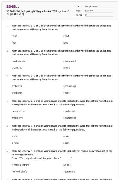 30 đề thi thử thpt quốc gia tiếng anh năm 2020 cực hay có lời giải (Đề số 2)