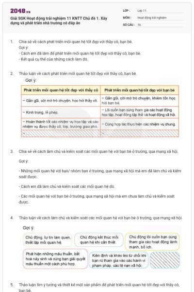 Giải SGK Hoạt động trải nghiệm 11 KNTT Chủ đề 1. Xây dựng và phát triển nhà trường có đáp án