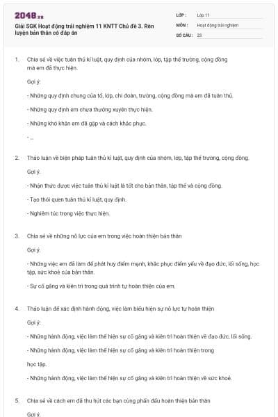 Giải SGK Hoạt động trải nghiệm 11 KNTT Chủ đề 3. Rèn luyện bản thân có đáp án