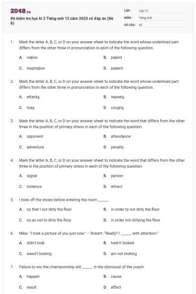 Đề kiểm tra học kì 2 Tiếng anh 12 năm 2023 có đáp án (Đề 6)