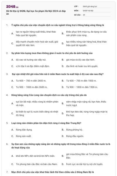 Đề thi Địa Lý ĐGNL Đại học Sư phạm Hà Nội 2024 có đáp án