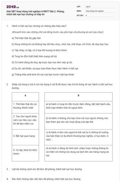 Giải SBT Hoạt động trải nghiệm 8 KNTT Bài 2. Phòng, tránh bắt nạn học đường có đáp án