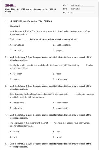 Đề thi Tiếng Anh ĐGNL Đại học Sư phạm Hà Nội 2024 có đáp án