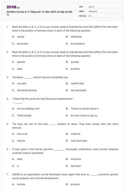 Đề kiểm tra học kì 2 Tiếng anh 12 năm 2023 có đáp án (Đề 7)