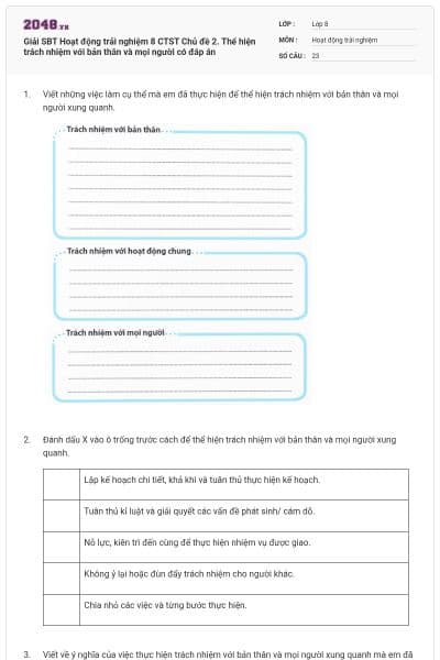 Giải SBT Hoạt động trải nghiệm 8 CTST Chủ đề 2. Thể hiện trách nhiệm với bản thân và mọi người có đáp án