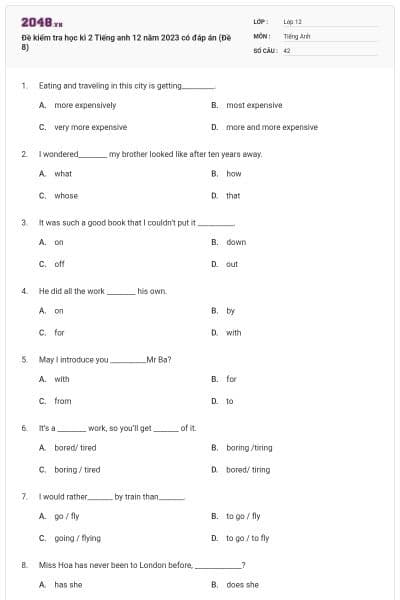 Đề kiểm tra học kì 2 Tiếng anh 12 năm 2023 có đáp án (Đề 8)