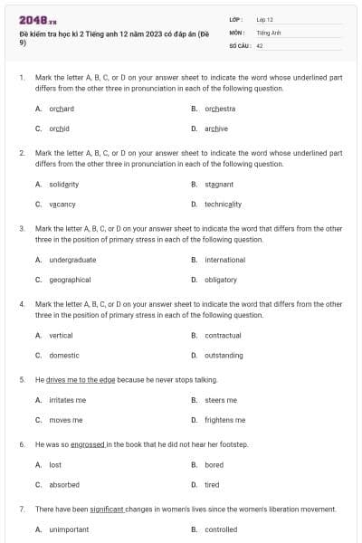 Đề kiểm tra học kì 2 Tiếng anh 12 năm 2023 có đáp án (Đề 9)