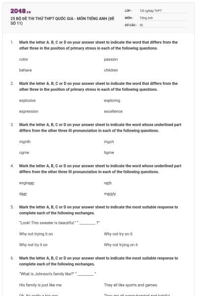 25 BỘ ĐỀ THI THỬ THPT QUỐC GIA - MÔN TIẾNG ANH (ĐỀ SỐ 11)