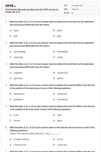 30 đề thi thử thpt quốc gia tiếng anh năm 2020 cực hay có lời giải (Đề số 2)