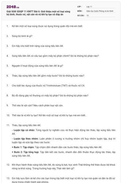 Giải SGK GDQP 11 KNTT Bài 6: Giới thiệu một số loại súng bộ binh, thuốc nổ, vật cản và vũ khí tự tạo có đáp án