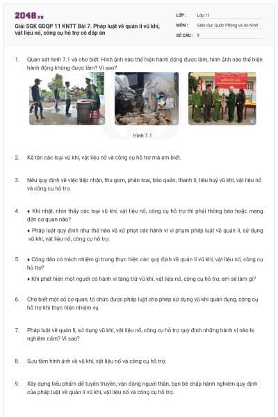 Giải SGK GDQP 11 KNTT Bài 7. Pháp luật về quản lí vũ khí, vật liệu nổ, công cụ hỗ trợ có đáp án