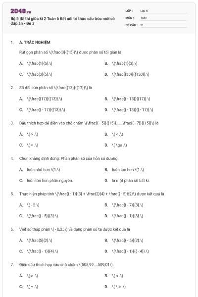 Bộ 5 đề thi giữa kì 2 Toán 6 Kết nối tri thức cấu trúc mới có đáp án - Đề 3