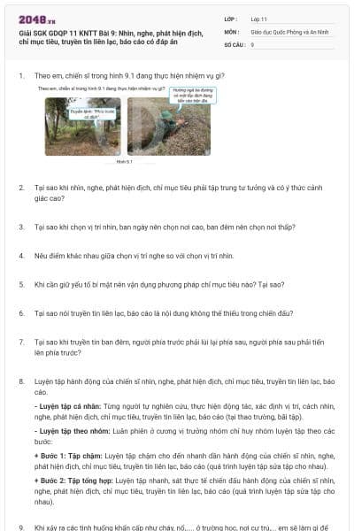 Giải SGK GDQP 11 KNTT Bài 9: Nhìn, nghe, phát hiện địch, chỉ mục tiêu, truyền tin liên lạc, báo cáo có đáp án