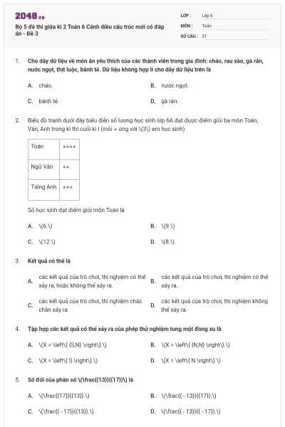 Bộ 5 đề thi giữa kì 2 Toán 6 Cánh diều cấu trúc mới có đáp án - Đề 3