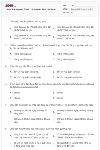 15 câu Trắc nghiệm GDQP 11 Cánh diều Bài 2 có đáp án