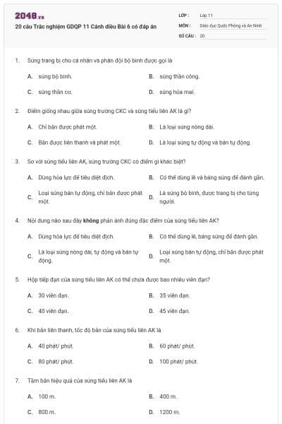 20 câu Trắc nghiệm GDQP 11 Cánh diều Bài 6 có đáp án