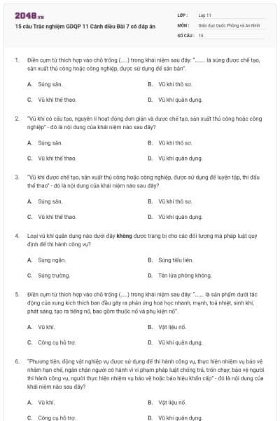 15 câu Trắc nghiệm GDQP 11 Cánh diều Bài 7 có đáp án