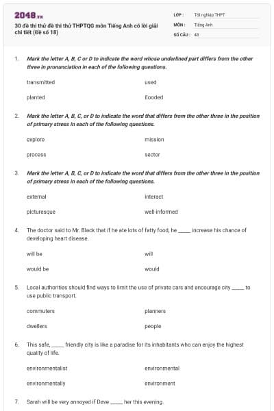 30 đề thi thử đề thi thử THPTQG môn Tiếng Anh có lời giải chi tiết (Đề số 18)