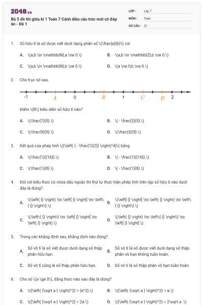 Bộ 5 đề thi giữa kì 1 Toán 7 Cánh diều cấu trúc mới có đáp án - Đề 1