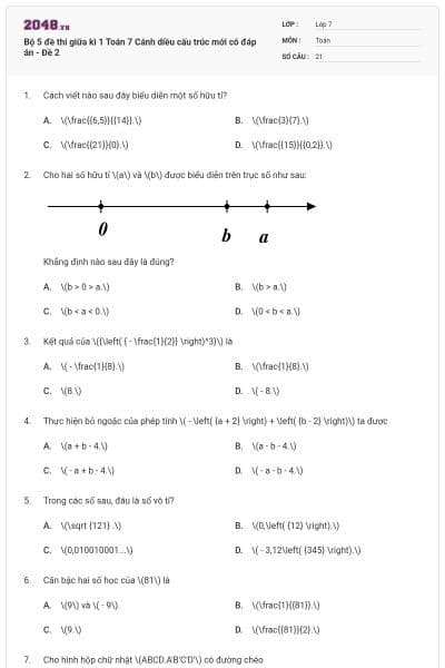 Bộ 5 đề thi giữa kì 1 Toán 7 Cánh diều cấu trúc mới có đáp án - Đề 2