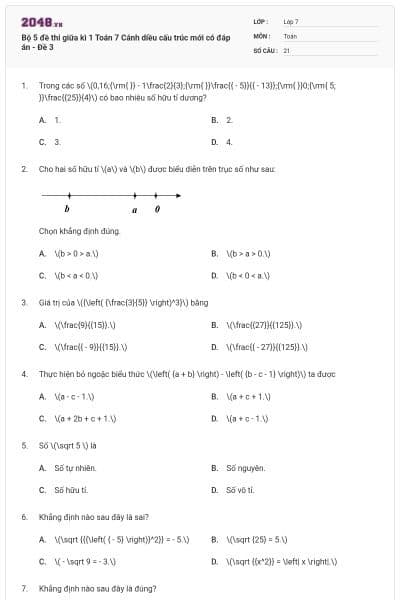 Bộ 5 đề thi giữa kì 1 Toán 7 Cánh diều cấu trúc mới có đáp án - Đề 3