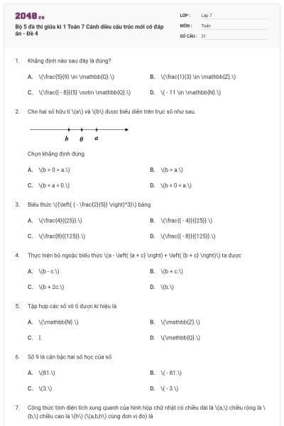 Bộ 5 đề thi giữa kì 1 Toán 7 Cánh diều cấu trúc mới có đáp án - Đề 4
