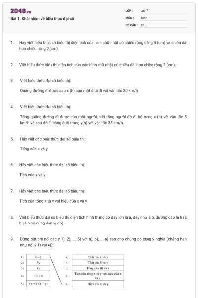 Bài 1: Khái niệm về biểu thức đại số