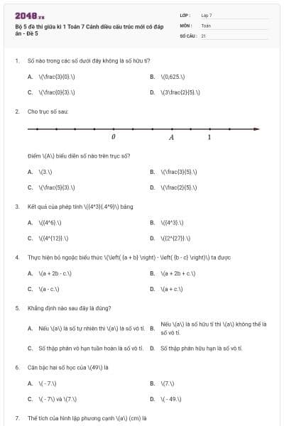 Bộ 5 đề thi giữa kì 1 Toán 7 Cánh diều cấu trúc mới có đáp án - Đề 5