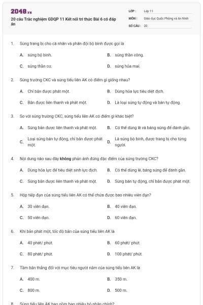 20 câu Trắc nghiệm GDQP 11 Kết nối tri thức Bài 6 có đáp án