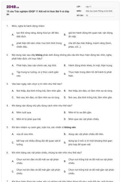 15 câu Trắc nghiệm GDQP 11 Kết nối tri thức Bài 9 có đáp án