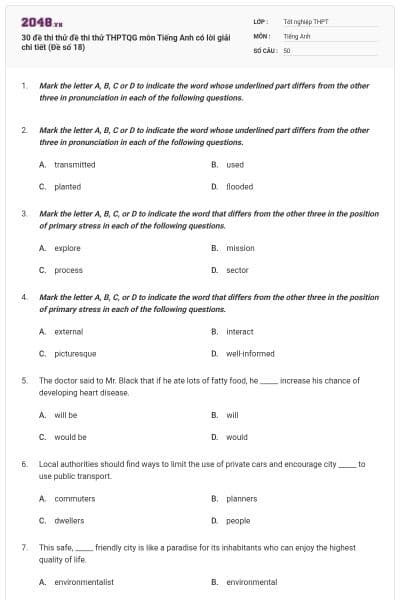 30 đề thi thử đề thi thử THPTQG môn Tiếng Anh có lời giải chi tiết (Đề số 18)