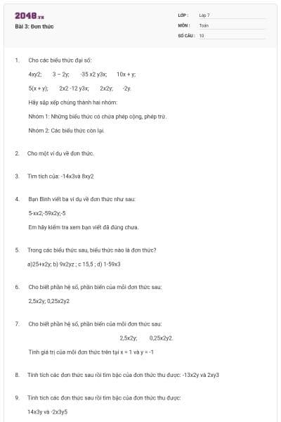 Bài 3: Đơn thức