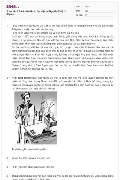 Soạn văn 8 Cánh diều Nước Đại Việt ta  (Nguyễn Trãi) có đáp án