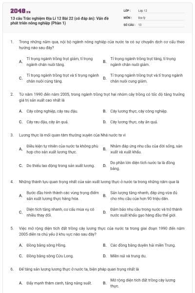 13 câu Trắc nghiệm Địa Lí 12 Bài 22 (có đáp án): Vấn đề phát triển nông nghiệp (Phần 1)