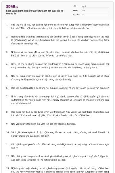 Soạn văn 8 Cánh diều Ôn tập và tự đánh giá cuối học kì 1 có đáp án