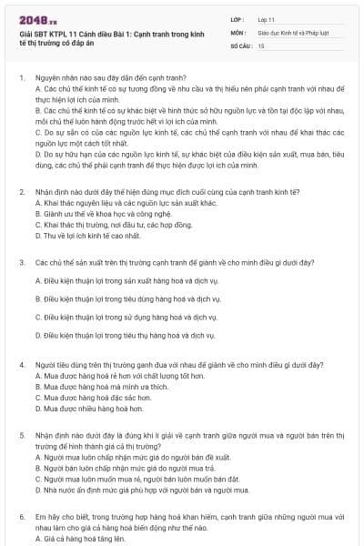 Giải SBT KTPL 11 Cánh diều Bài 1: Cạnh tranh trong kinh tế thị trường có đáp án
