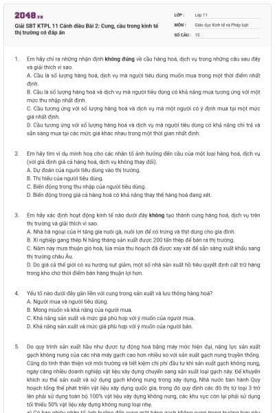 Giải SBT KTPL 11 Cánh diều Bài 2: Cung, cầu trong kinh tế thị trường có đáp án