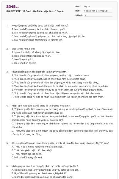 Giải SBT KTPL 11 Cánh diều Bài 4: Việc làm có đáp án