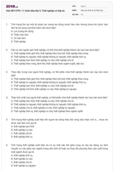 Giải SBT KTPL 11 Cánh diều Bài 5: Thất nghiệp có đáp án