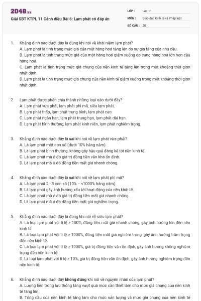 Giải SBT KTPL 11 Cánh diều Bài 6: Lạm phát có đáp án