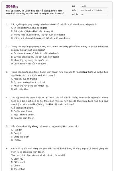Giải SBT KTPL 11 Cánh diều Bài 7: Ý tưởng, cơ hội kinh doanh và các năng lực cần thiết của người kinh doanh có đáp án