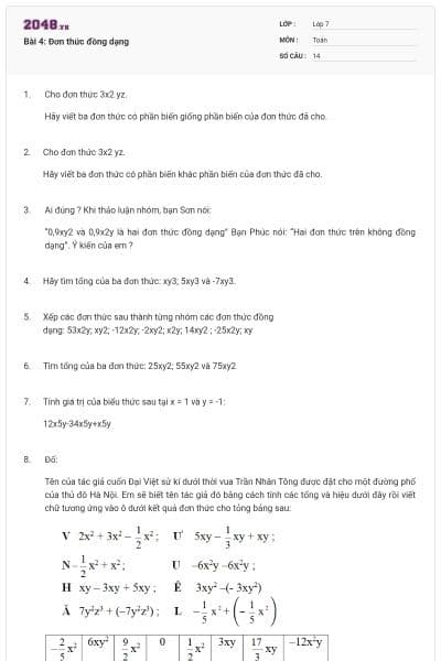 Bài 4: Đơn thức đồng dạng