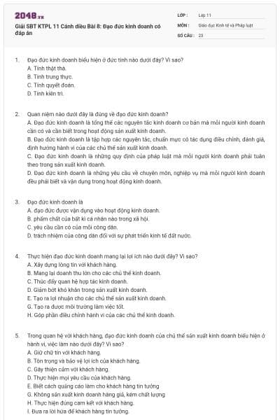 Giải SBT KTPL 11 Cánh diều Bài 8: Đạo đức kinh doanh có đáp án