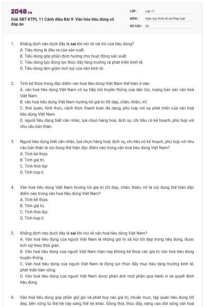 Giải SBT KTPL 11 Cánh diều Bài 9: Văn hóa tiêu dùng có đáp án
