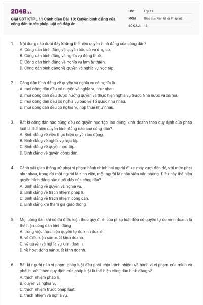 Giải SBT KTPL 11 Cánh diều Bài 10: Quyền bình đẳng của công dân trước pháp luật có đáp án