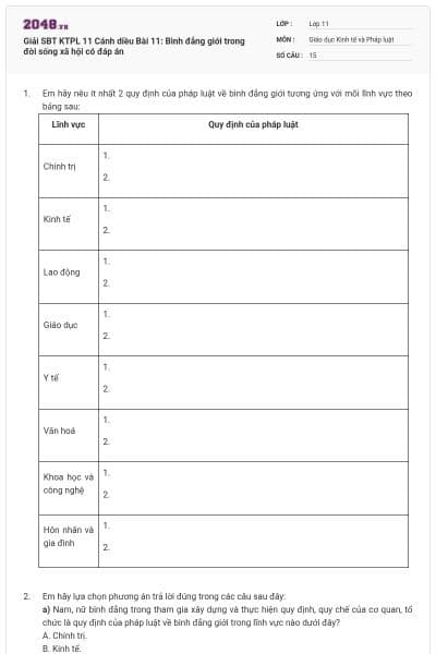 Giải SBT KTPL 11 Cánh diều Bài 11: Bình đẳng giới trong đời sống xã hội có đáp án