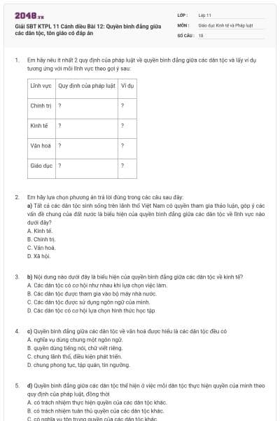 Giải SBT KTPL 11 Cánh diều Bài 12: Quyền bình đẳng giữa các dân tộc, tôn giáo có đáp án