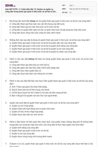 Giải SBT KTPL 11 Cánh diều Bài 13: Quyền và nghĩa vụ công dân trong tham gia quản lí nhà nước và xã hội có đáp án