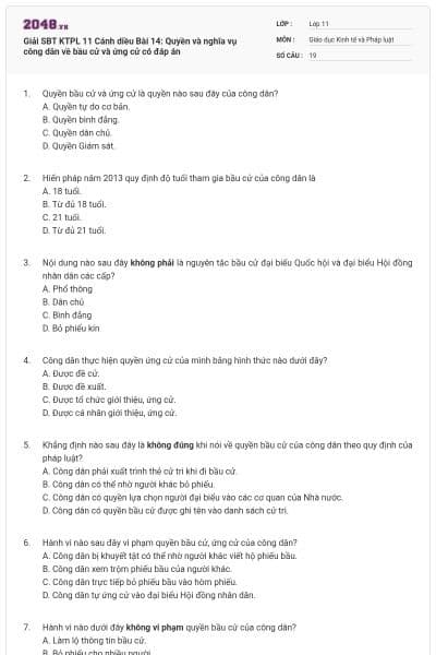 Giải SBT KTPL 11 Cánh diều Bài 14: Quyền và nghĩa vụ công dân về bầu cử và ứng cử có đáp án