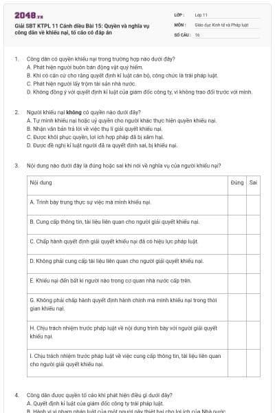 Giải SBT KTPL 11 Cánh diều Bài 15: Quyền và nghĩa vụ công dân về khiếu nại, tố cáo có đáp án